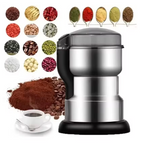 Coffee grinder with various spices and coffee beans displayed around it on a white background.