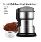 Electric multifunctional grinder with coffee beans, ground coffee, and a cup on a white background