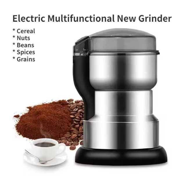 Electric multifunctional grinder with coffee beans, ground coffee, and a cup on a white background