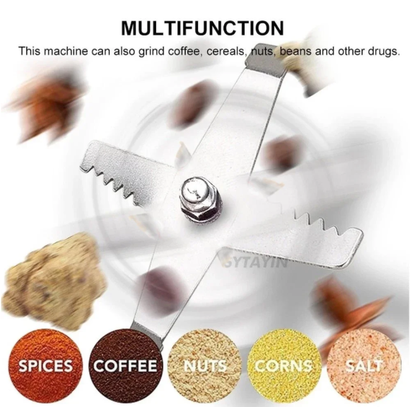 Multifunctional grinder with ingredients like spices, coffee, nuts, corns, and salt displayed.