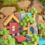 Toy building set resembling a forest house with trees and rocks in the background