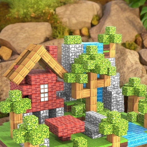 Toy building set resembling a forest house with trees and rocks in the background