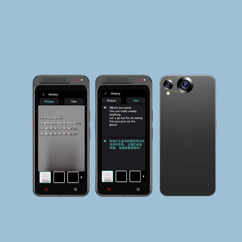 Three Portable Language Translator Device displaying translation features  on a blue gradient background