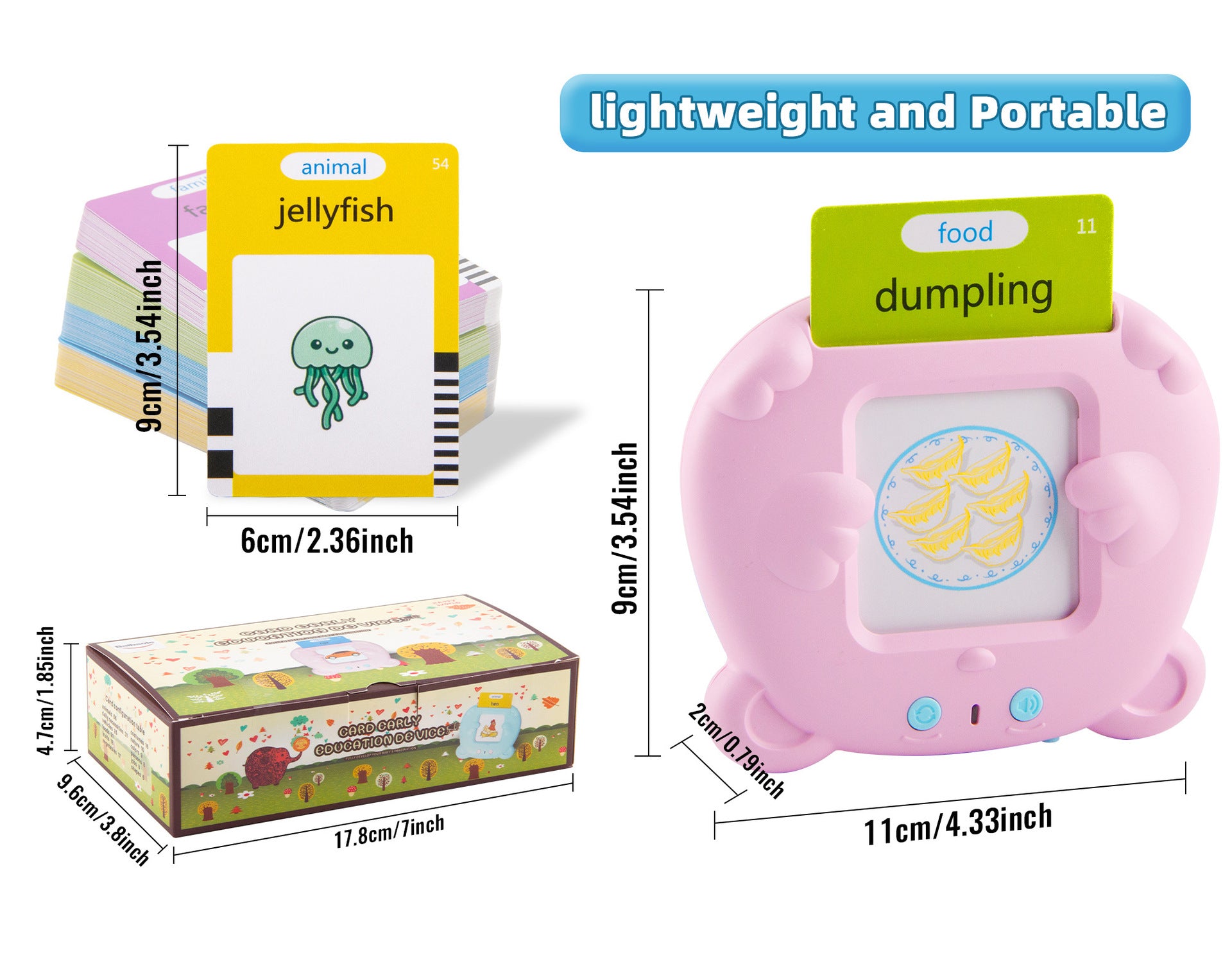 Small electronic Smart Speaking Educational Toy with a jellyfish illustration, labeled 'lightweight and portable,' next to its packaging and dimensions.
