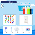 Set of 60ml bottles with colorful liquids, storage box, and accessories on a blue background.