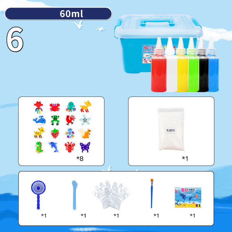 Set of 60ml bottles with colorful liquids, storage box, and accessories on a blue background.