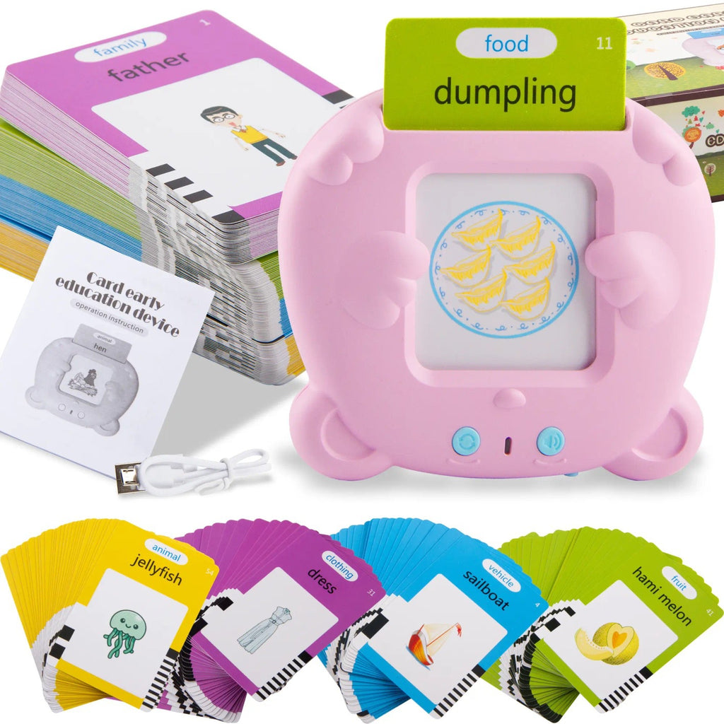 Smart Speaking Educational Toy set with a pink electronic device and flashcards on a white background