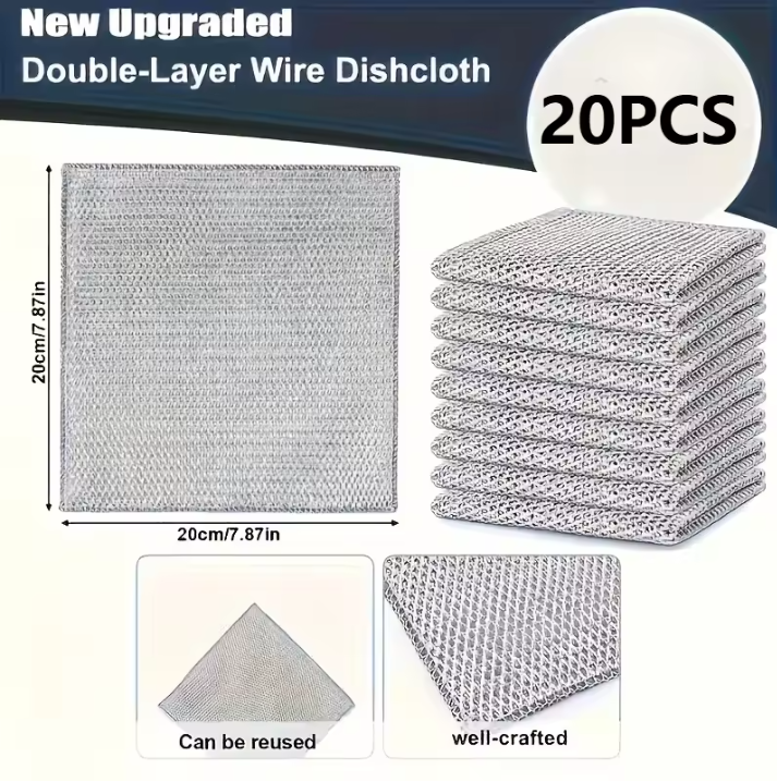 Double-layer wire dishcloth with dimensions and reuse capability on a white background