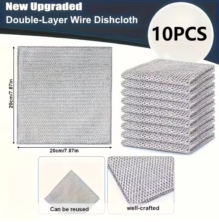 Double-layer wire dishcloth with dimensions and reuse capability on a white background