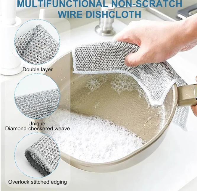 Multifunctional non-scratch wire dishcloth being used to clean a pot with close-up details of its design.
