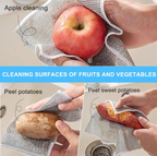 Mesh scrubber being used to clean an apple, potato, and sweet potato with text indicating the actions.