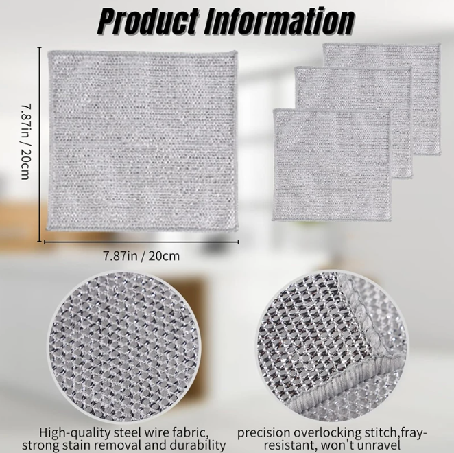 Product information for high-quality steel wire Non-Scratch Dishwashing Cloth with dimensions and features.
