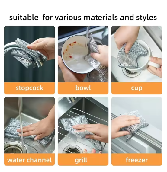 A non-scratch dishwashing cloth being used on various kitchen items, including a stopcock, bowl, cup, water channel, grill, and freezer.