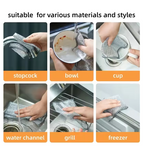 A non-scratch dishwashing cloth being used on various kitchen items, including a stopcock, bowl, cup, water channel, grill, and freezer.